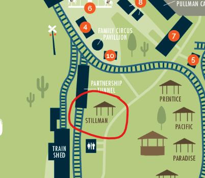 A map highlighting the location of the Stillman Ramada at the McCormick-Stillman Railroad Park.